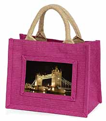 London Tower Bridge Print Little Girls Small Pink Jute Shopping Bag