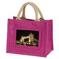 London Tower Bridge Print Little Girls Small Pink Jute Shopping Bag