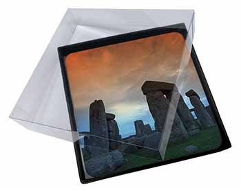 4x Stonehenge Solstice Sunset Picture Table Coasters Set in Gift Box