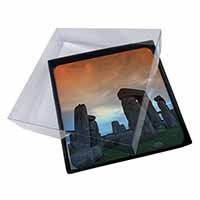 4x Stonehenge Solstice Sunset Picture Table Coasters Set in Gift Box