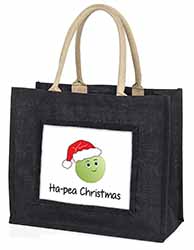 Christmas Pea Large Black Jute Shopping Bag
