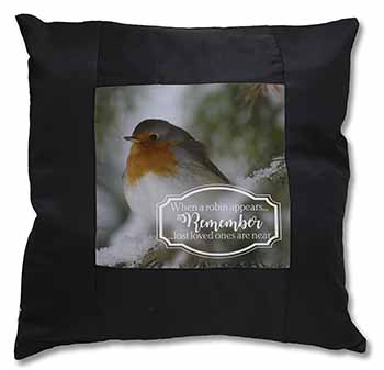 Little Robin Red Breast Black Satin Feel Scatter Cushion