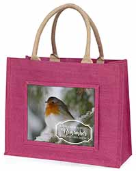 Little Robin Red Breast Large Pink Jute Shopping Bag