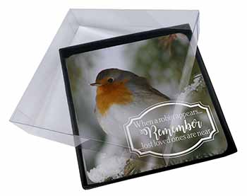 4x Little Robin Red Breast Picture Table Coasters Set in Gift Box