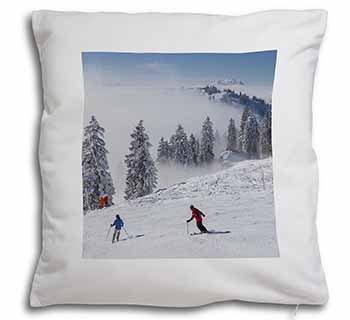 Snow Ski Skiers on Mountain Soft White Velvet Feel Scatter Cushion