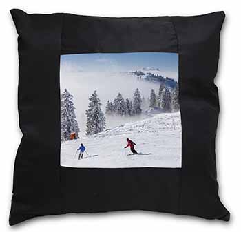 Snow Ski Skiers on Mountain Black Satin Feel Scatter Cushion