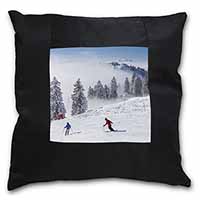 Snow Ski Skiers on Mountain Black Satin Feel Scatter Cushion