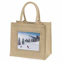 Snow Ski Skiers on Mountain Natural/Beige Jute Large Shopping Bag