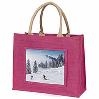 Snow Ski Skiers on Mountain Large Pink Jute Shopping Bag