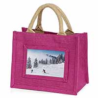 Snow Ski Skiers on Mountain Little Girls Small Pink Jute Shopping Bag