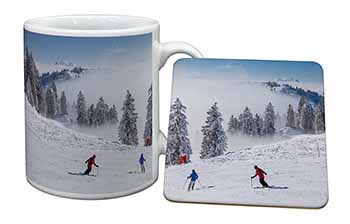 Snow Ski Skiers on Mountain Mug and Coaster Set