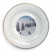Snow Ski Skiers on Mountain Gold Rim Plate Printed Full Colour in Gift Box