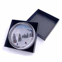 Snow Ski Skiers on Mountain Glass Paperweight in Gift Box