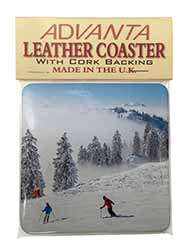 Snow Ski Skiers on Mountain Single Leather Photo Coaster