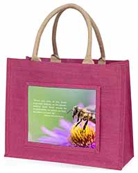 Importance of Bees Quote Large Pink Jute Shopping Bag