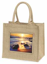 Secluded Sunset Beach Large Natural Jute Shopping Bag Christmas Gift Idea