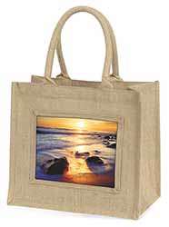 Secluded Sunset Beach Large Natural Jute Shopping Bag Christmas Gift Idea