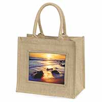 Secluded Sunset Beach Large Natural Jute Shopping Bag Christmas Gift Idea