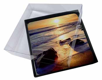 4x Secluded Sunset Beach Picture Table Coasters Set in Gift Box