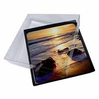 4x Secluded Sunset Beach Picture Table Coasters Set in Gift Box