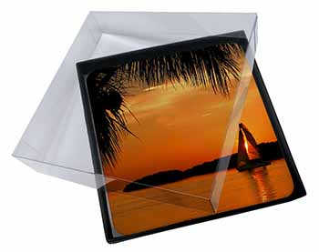 4x Sunset Sailing Yacht Picture Table Coasters Set in Gift Box