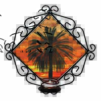 Tropical Palm Sunset Wrought Iron Wall Art Candle Holder
