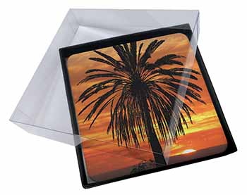 4x Tropical Palm Sunset Picture Table Coasters Set in Gift Box