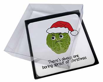 4x Christmas Grumpy Sprout Picture Table Coasters Set in Gift Box