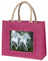 White Unicorns Large Pink Jute Shopping Bag