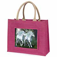 White Unicorns Large Pink Jute Shopping Bag