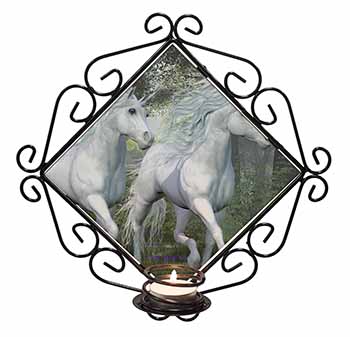 White Unicorns Wrought Iron Wall Art Candle Holder