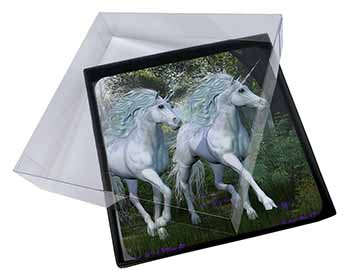 4x White Unicorns Picture Table Coasters Set in Gift Box