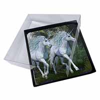 4x White Unicorns Picture Table Coasters Set in Gift Box