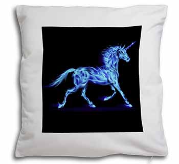 Blue Fire Unicorn Print Soft White Velvet Feel Scatter Cushion