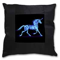 Blue Fire Unicorn Print Black Satin Feel Scatter Cushion