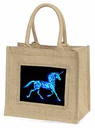 Blue Fire Unicorn Print Natural/Beige Jute Large Shopping Bag