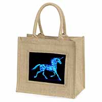 Blue Fire Unicorn Print Natural/Beige Jute Large Shopping Bag