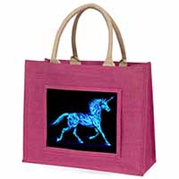 Blue Fire Unicorn Print Large Pink Jute Shopping Bag