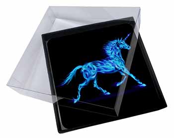 4x Blue Fire Unicorn Print Picture Table Coasters Set in Gift Box