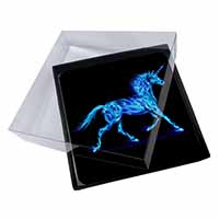 4x Blue Fire Unicorn Print Picture Table Coasters Set in Gift Box