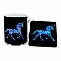 Blue Fire Unicorn Print Mug and Coaster Set