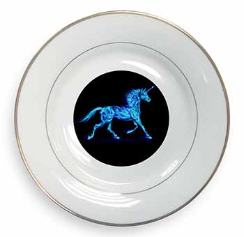 Blue Fire Unicorn Print Gold Rim Plate Printed Full Colour in Gift Box