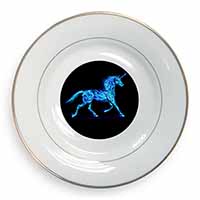 Blue Fire Unicorn Print Gold Rim Plate Printed Full Colour in Gift Box