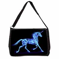 Blue Fire Unicorn Print Large Black Laptop Shoulder Bag School/College