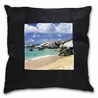 Tropical Seychelles Beach Black Satin Feel Scatter Cushion