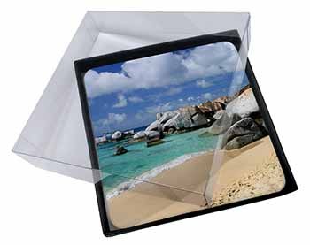 4x Tropical Seychelles Beach Picture Table Coasters Set in Gift Box