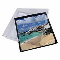 4x Tropical Seychelles Beach Picture Table Coasters Set in Gift Box