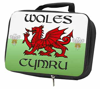 Wales Cymru Welsh Gift Black Insulated School Lunch Box/Picnic Bag