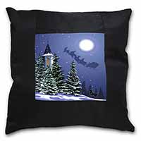 Christmas Eve Santa on Sleigh Black Satin Feel Scatter Cushion