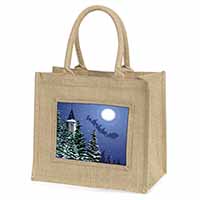 Christmas Eve Santa on Sleigh Natural/Beige Jute Large Shopping Bag